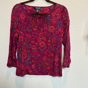 Lauren Ralph Lauren Floral 3/4 Sleeve Blouse in Red and Pink